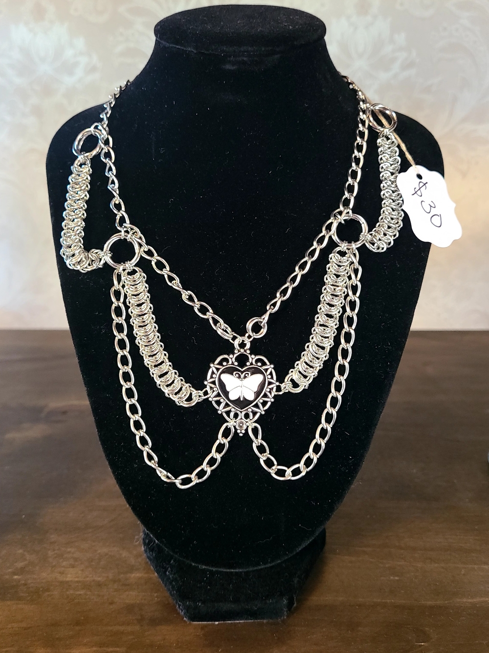 Silver Tone Butterfly Heart Multi-Chain Necklace